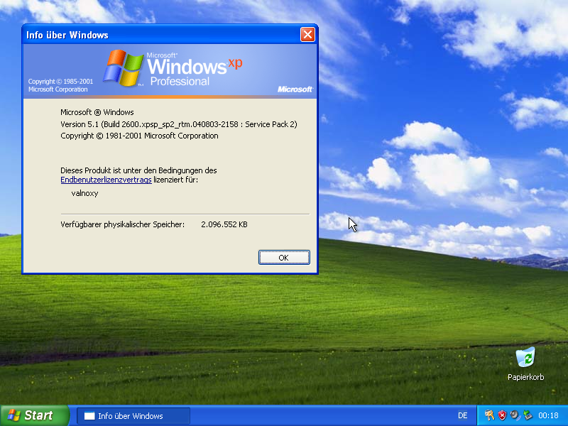 Windows XP Desktop with winver opened